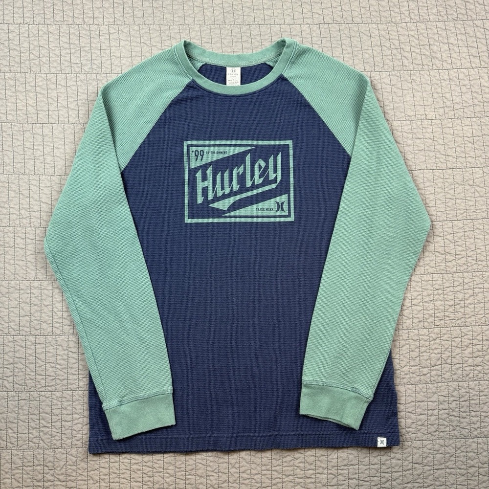 Hurley Thermal Waffle‎ Knit Shirt Men's Large Blue Green Y2K Surfer Long Sleeve